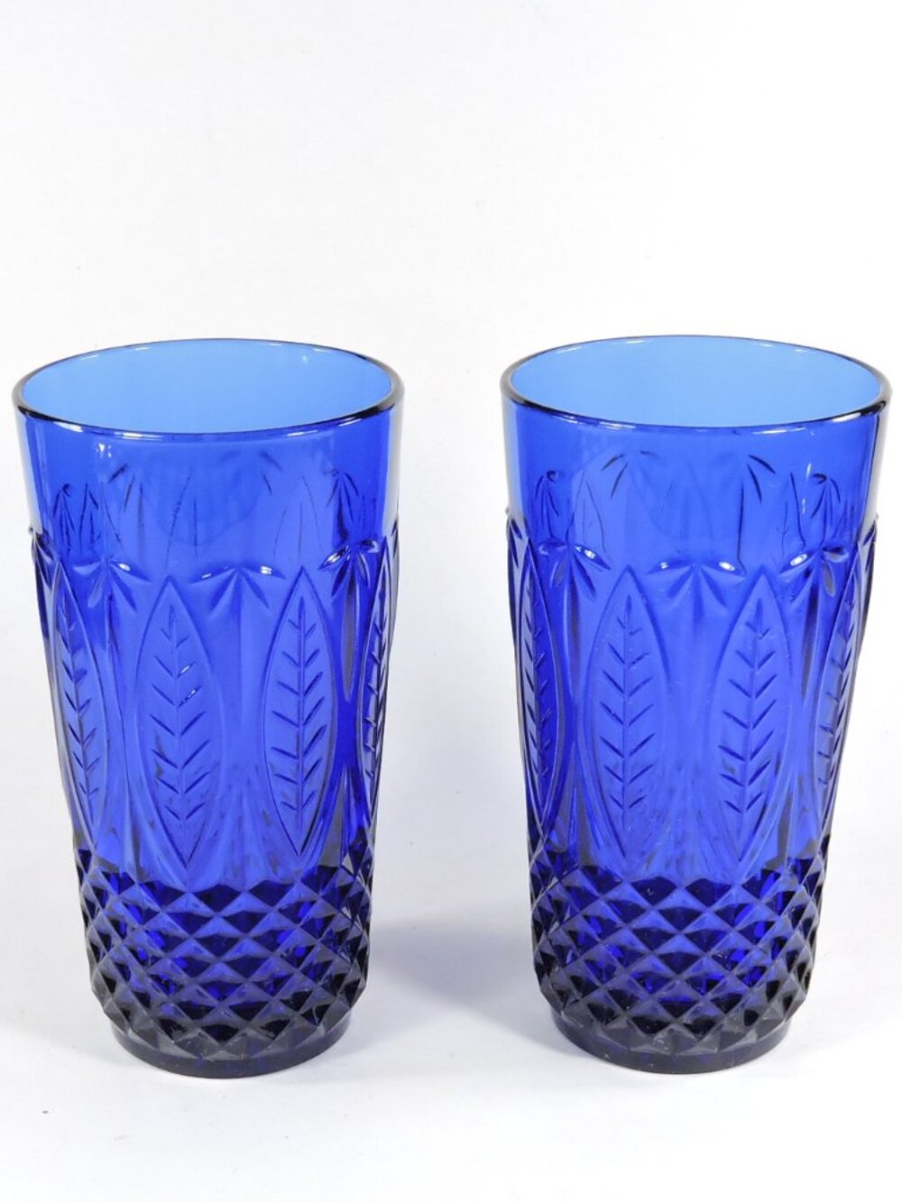 2 “Royal Sapphire“ Cobalt Blue Glass Tumblers 6" Tall by Arcoroc France for Avon